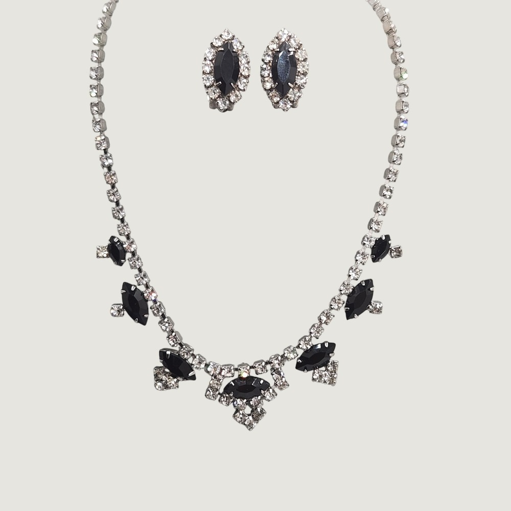 Vintage Black Navette Rhinestone Necklace Earrings Jewelry Set Retro Glam Prom